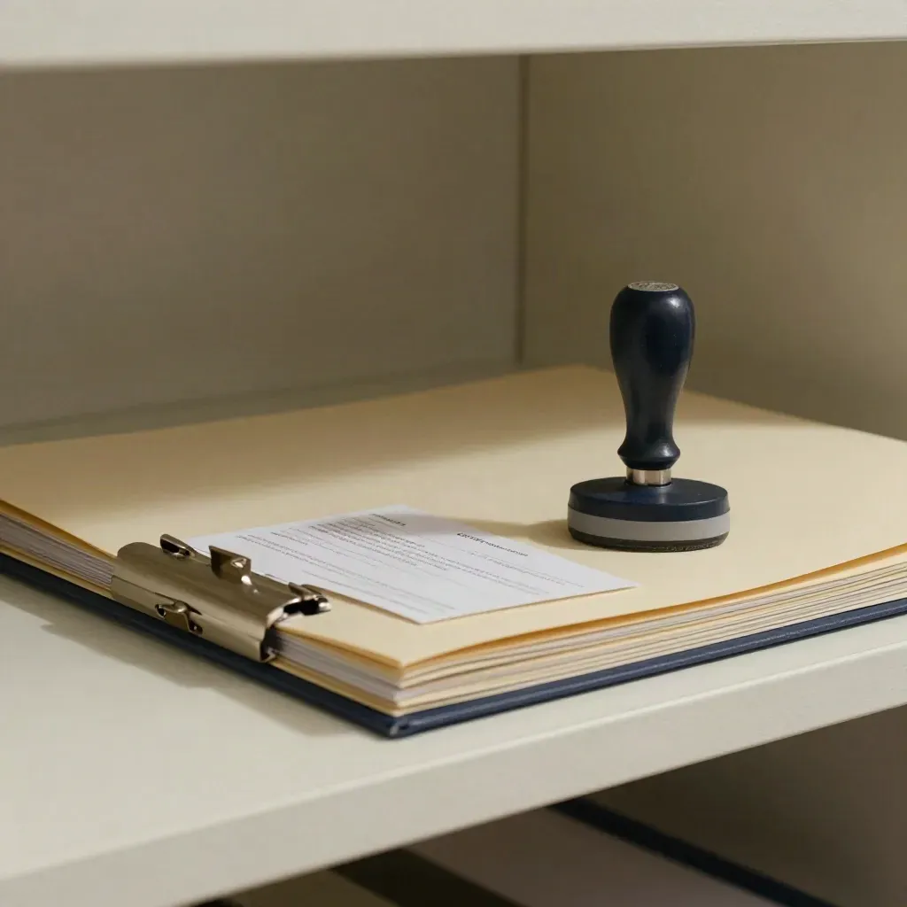 Carpeta de alta, sello y ficha neutra sobre estante claro con luz suave lateral.