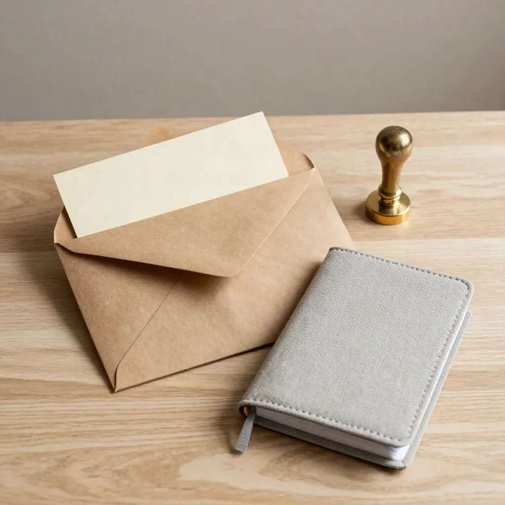 Vista cenital de sobre kraft, tarjeta crema, porta-sello y libreta compacta sobre madera clara.