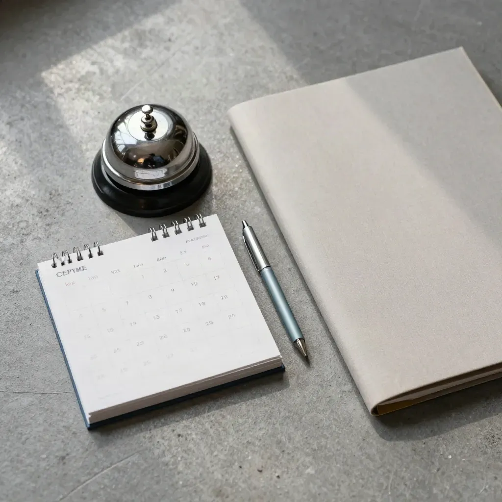 Calendario de sobremesa, campana y carpeta neutra sobre cemento con una ficha de seguimiento.
