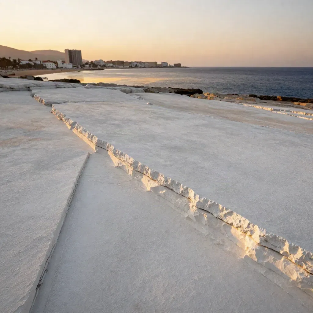 Placa de caliza blanca con horizonte marino difuminado y pueblos costeros en bruma cálida.